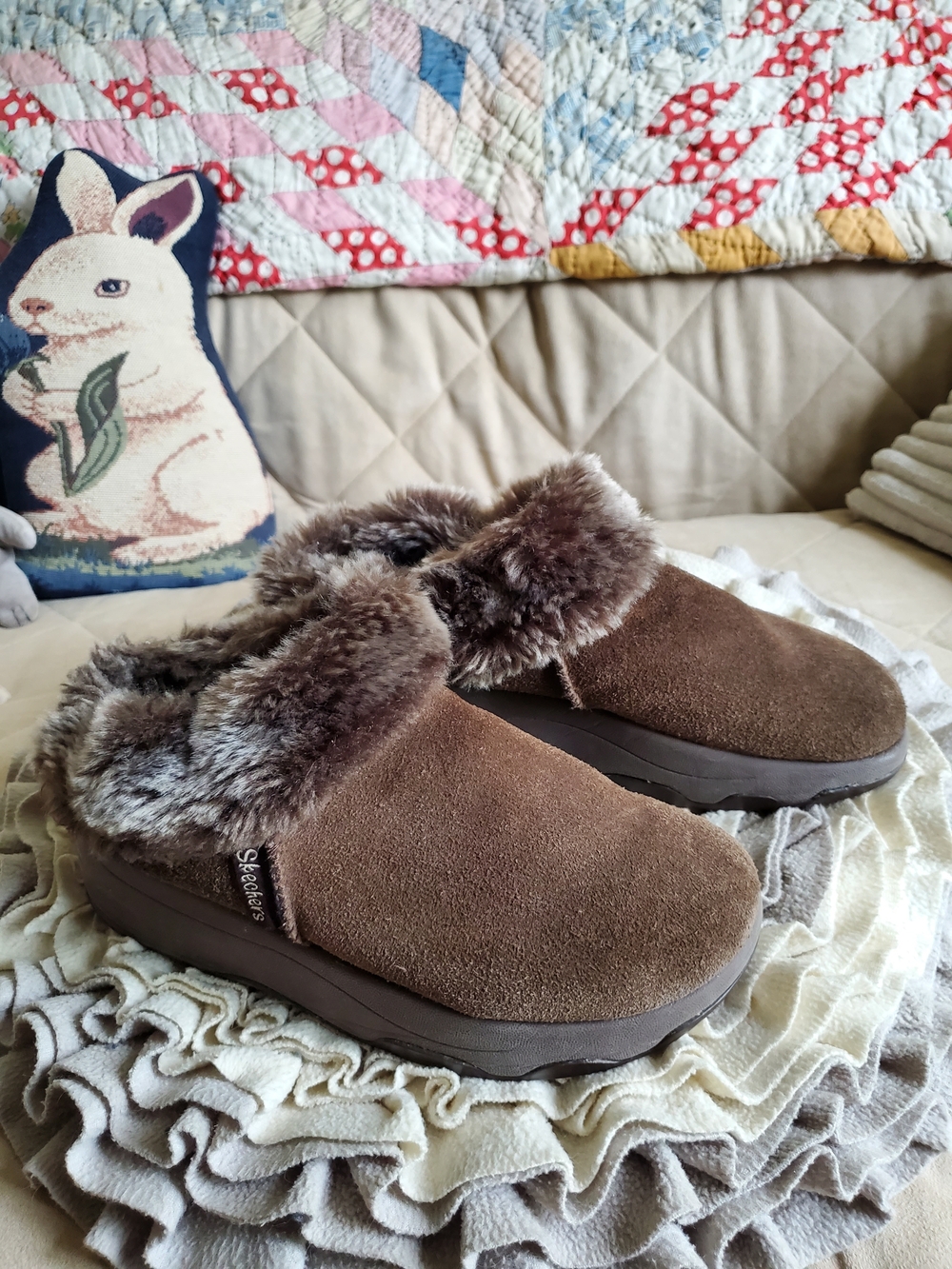Skechers Brown Suede Faux Fur Clogs/Mules
